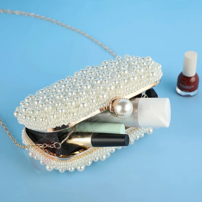 Borsa da sera con perline e tracolla a catena fatta a mano per matrimonio, borsa da donna con perle artificiali per feste di matrimonio_voghion.com