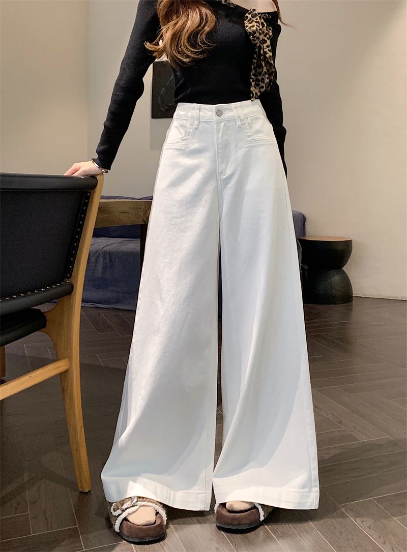 Neue, weiß gewaschene, hoch taillierte, locker hängende, gerade Jeanshose mit weitem Bein für Damen von Spicy Girl_voghion.com