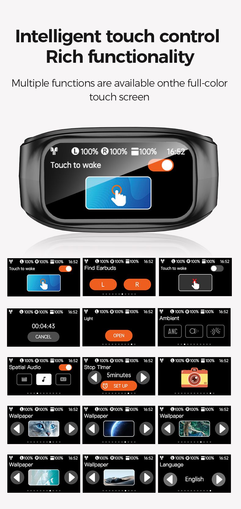 ERAZER XF35 Bluetooth V5.4 Headphones Wireless Earphone Full-ColorTouchScreen OWS Earbuds LED Digital Display Earphones_voghion.com