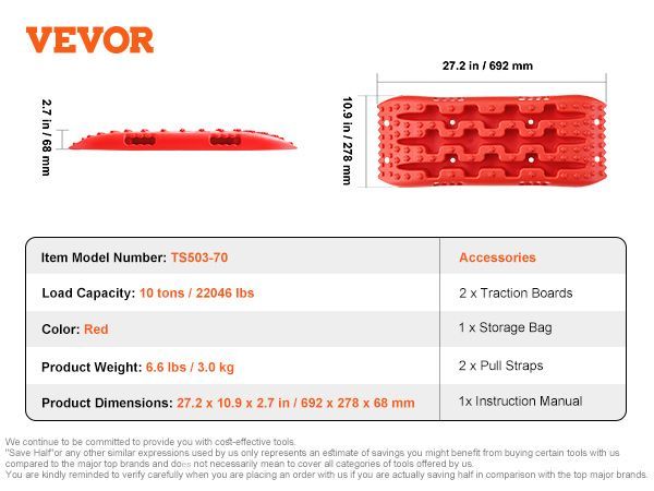 VEVOR 2PCS Traction Boards With PP For Mud Snow Sand Storage Bag Short Red_voghion.com
