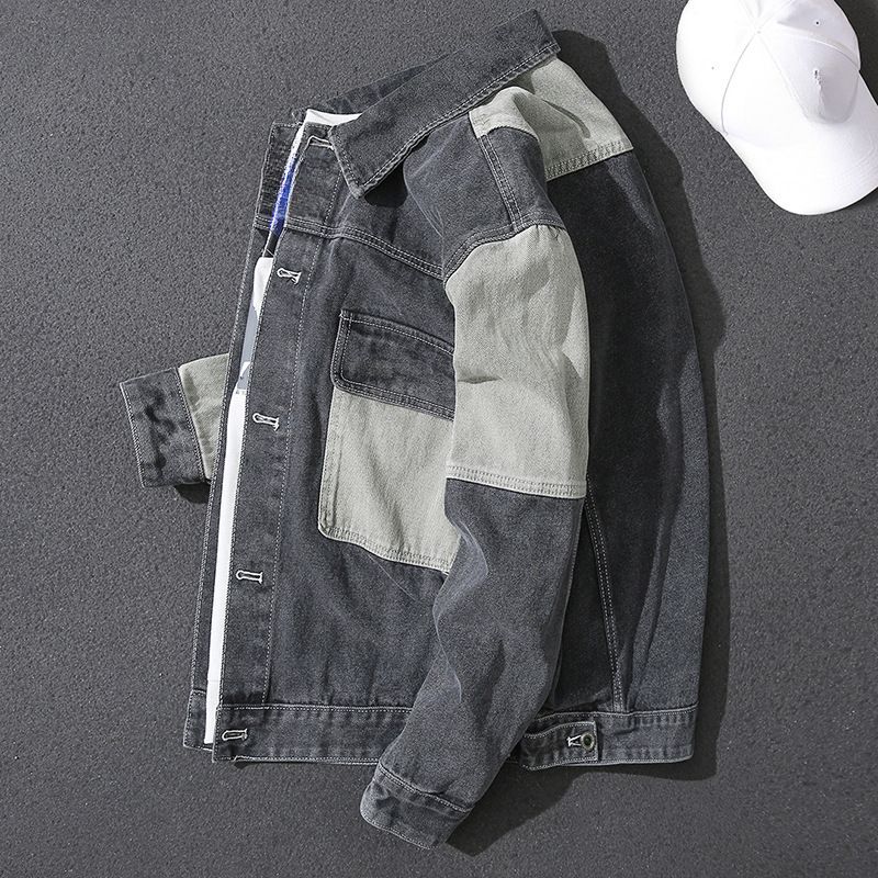 Herrenbekleidung Lockere Arbeitskleidung Plus Samtoberteil Jeansjacke Lockere Passform Arbeitskleidung im koreanischen Stil Fleecegefütterter Freizeitmantel mit Patchwork und Farbblockierung_voghion.com