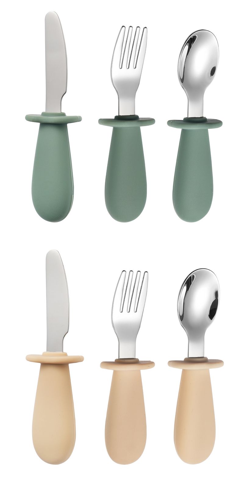 Conjunto de 3 peças de faca, garfo e colher infantil de aço inoxidável 316 com cabo curto de silicone para mãe e filhos, colher para comer infantil, utensílios de mesa portáteis_voghion.com