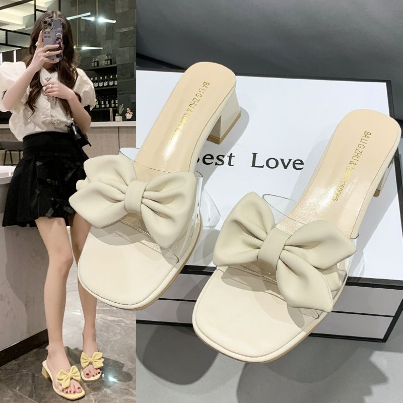 Damen-Sandalen mit dickem Absatz, eckiger Zehenpartie, Frühjahr 2022, neue Feen-Optik mit Schleife, lässige Hausschuhe für draußen, ideal für Umkleidekabinen._voghion.com