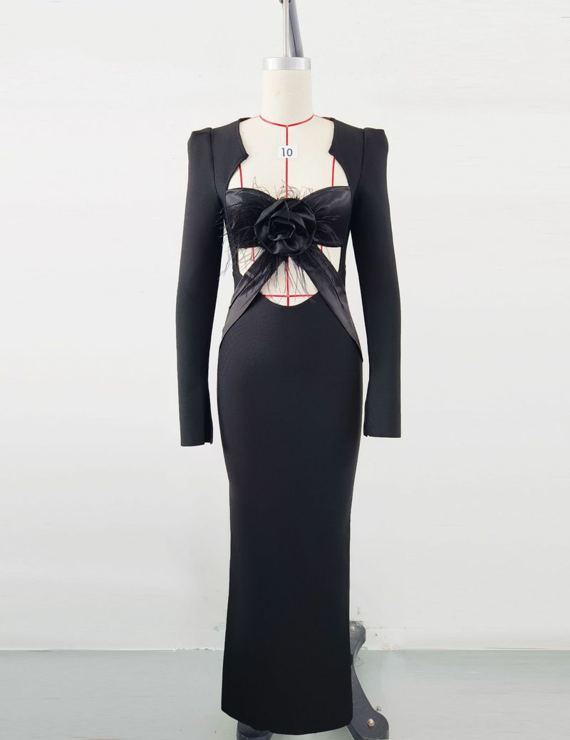 Elegante abito da sera con fascia per donna - Splendido abito aderente con scollo a V e maniche lunghe per feste di Natale e occasioni formali_voghion.com