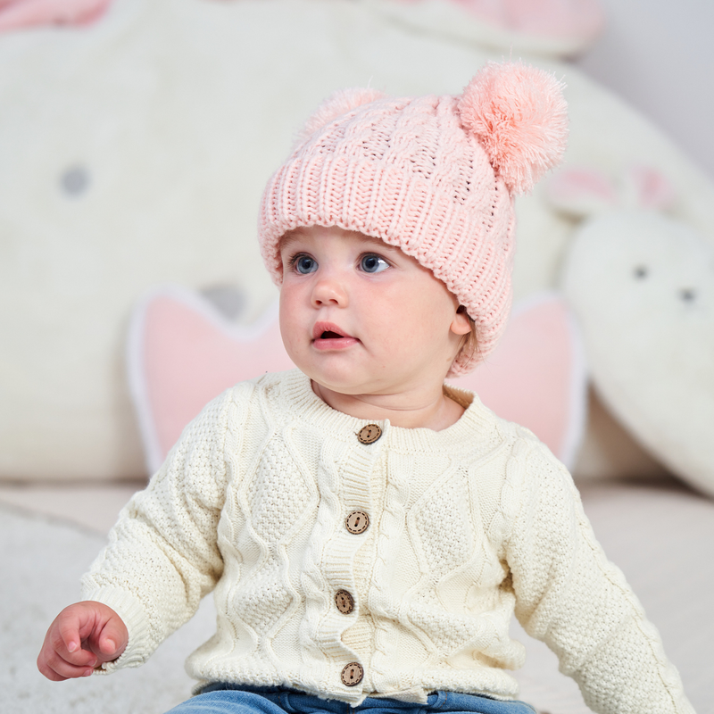 Cappello per bambini con doppia palla in filato acrilico twist in tinta unita per abbigliamento per bambini_voghion.com
