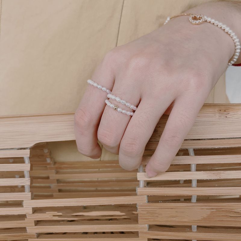 Natural White Rice Freshwater Pearl Elastic Rope Ring 14K Small Gold Bead Index Finger Ins Stacking Versatile Style_voghion.com