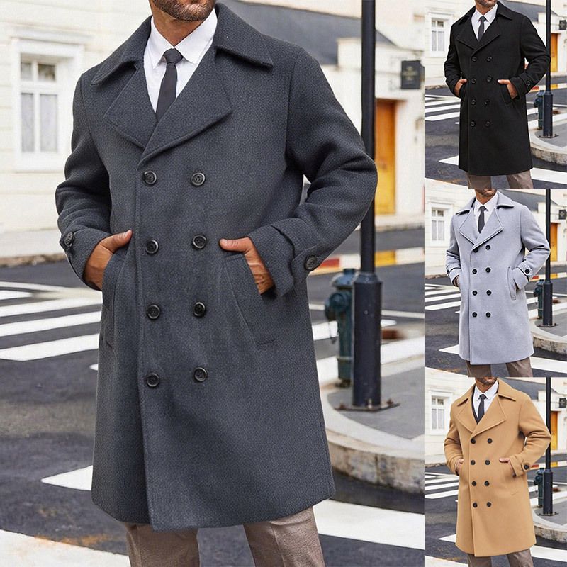 Autumn Winter New Men's Trench Coat Jacket Double-Breasted Mid-Length Woolen Overcoat_voghion.com