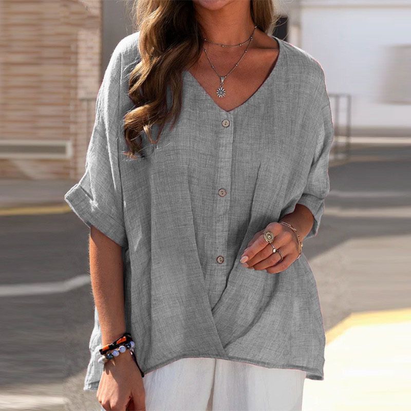 Damen Pullover mit Kragen aus Baumwolle und Leinen, kurzärmelig, locker sitzendes Damenhemd, lässige Oberteile_voghion.com