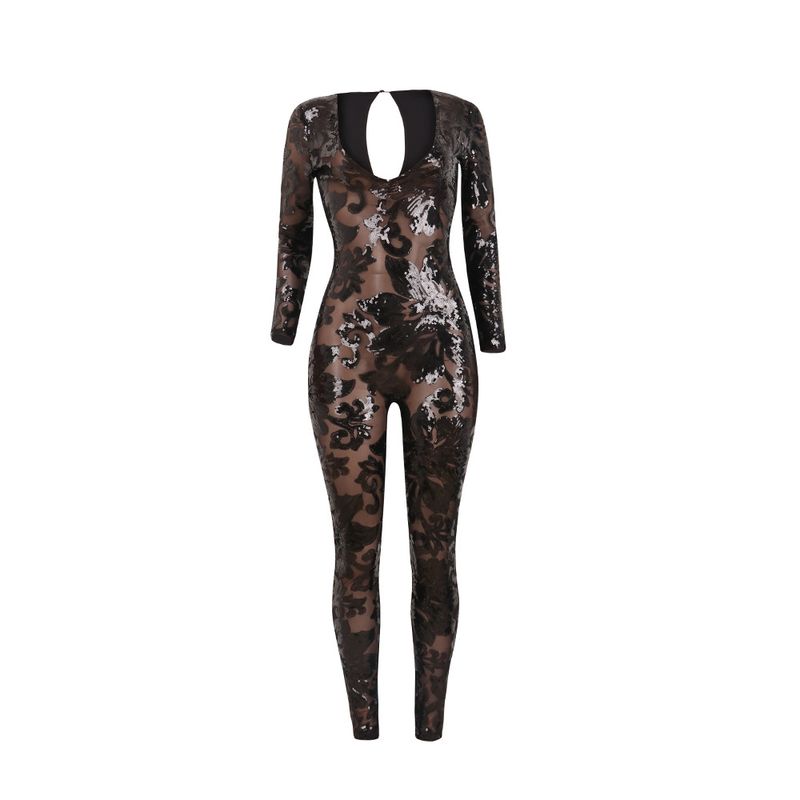 Eng anliegender, mit Perlen besetzter, durchsichtiger Nachtclub-Jumpsuit mit tiefem V-Ausschnitt für Damen_voghion.com