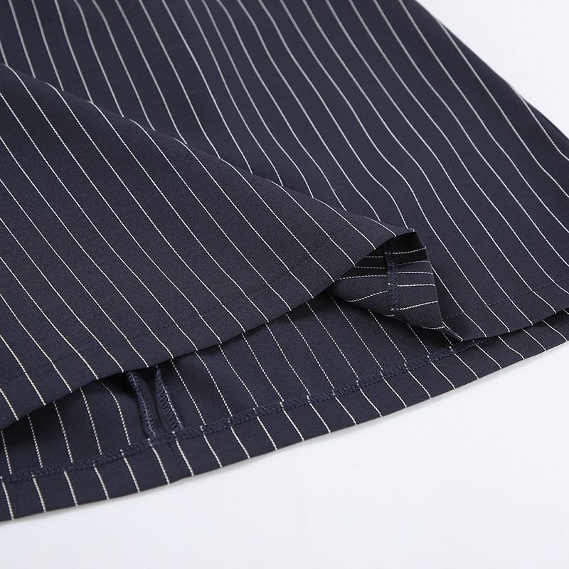 Autumn Winter Rro Navy Blue Striped V-Neck Waist-Cinching Blazer Short A-Line Skirt Women's Fashion Casual Two-Piece_voghion.com