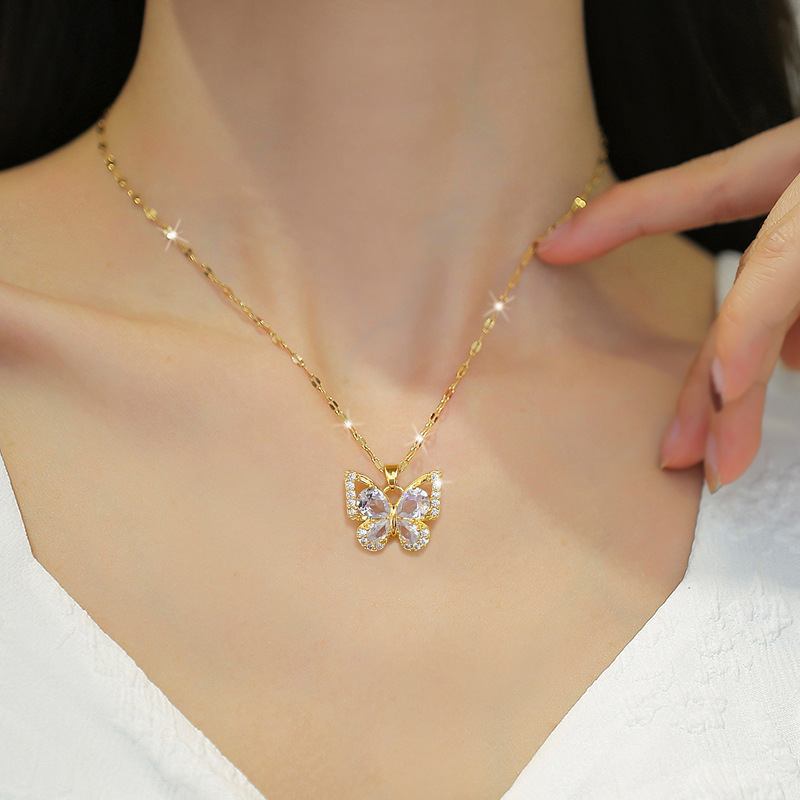 Edelstahl-Schmuckset mit Ohrringen, Anhänger und Halskette für Damen, schicke Mode, Strass, weiß, klar, Schmetterlings-Schmuckset_voghion.com