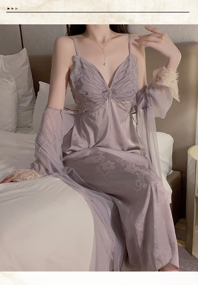 Damenbekleidung Guiruo Langer sexy Pyjama mit Brustpolstern Eisseide geraffter Sling-Nachthemd Mesh-Außenmantel Home-Kleidungsanzug_voghion.com