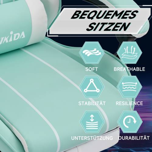 Sedia da gioco, schienale alto ergonomico con poggiapiedi, girevole a 360°, reclinazione regolabile, in similpelle, verde menta/giallo/nero, per gioco/ufficio/casa_voghion.com