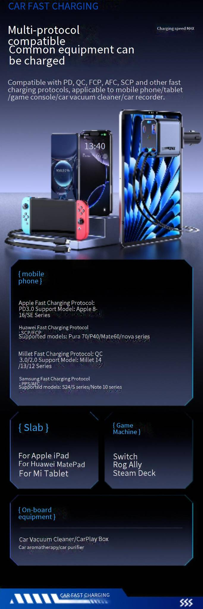 Autoladegeräte, 120 W, superschnelles Aufladen, Sternenhimmel-Top-Autoladegerät, 6 A, einziehbar, ein bis vier Multifunktions-RGB-Pferderennen-Atmosphärenlicht_voghion.com