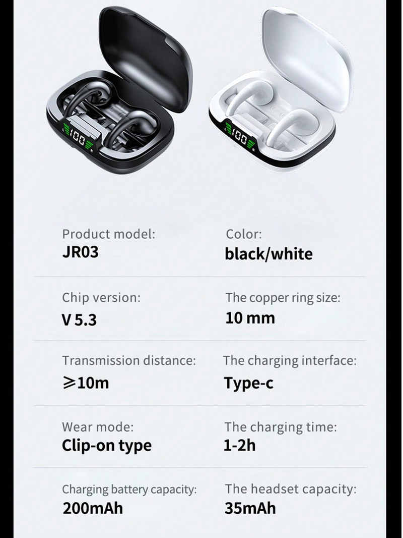 Headphones HiFi Earbuds Bluetooth Headphones Wireless Headphones Wholesale Sports Smart Display Stereo Microphone JR03 Wireless Ear Clip Bone_voghion.com
