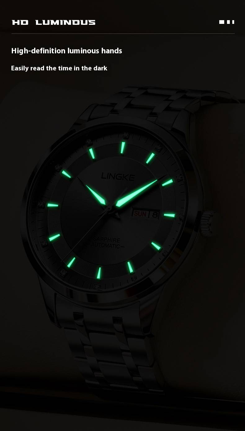 Men's Automatic Mechanical Watch With Dual Calendar, Luminous Hands, Sapphire Crystal, And 30M Water Resistance - Stainless Steel Band, Business Style_voghion.com