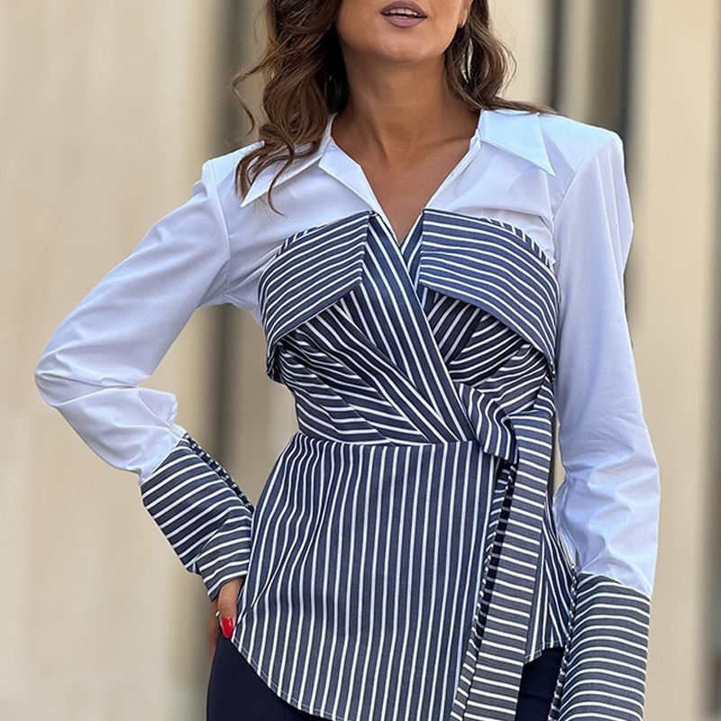 Gestreifte Bluse mit Wickelbund und Lagendesign – Elegantes Langarmshirt fürs Büro für Damen_voghion.com
