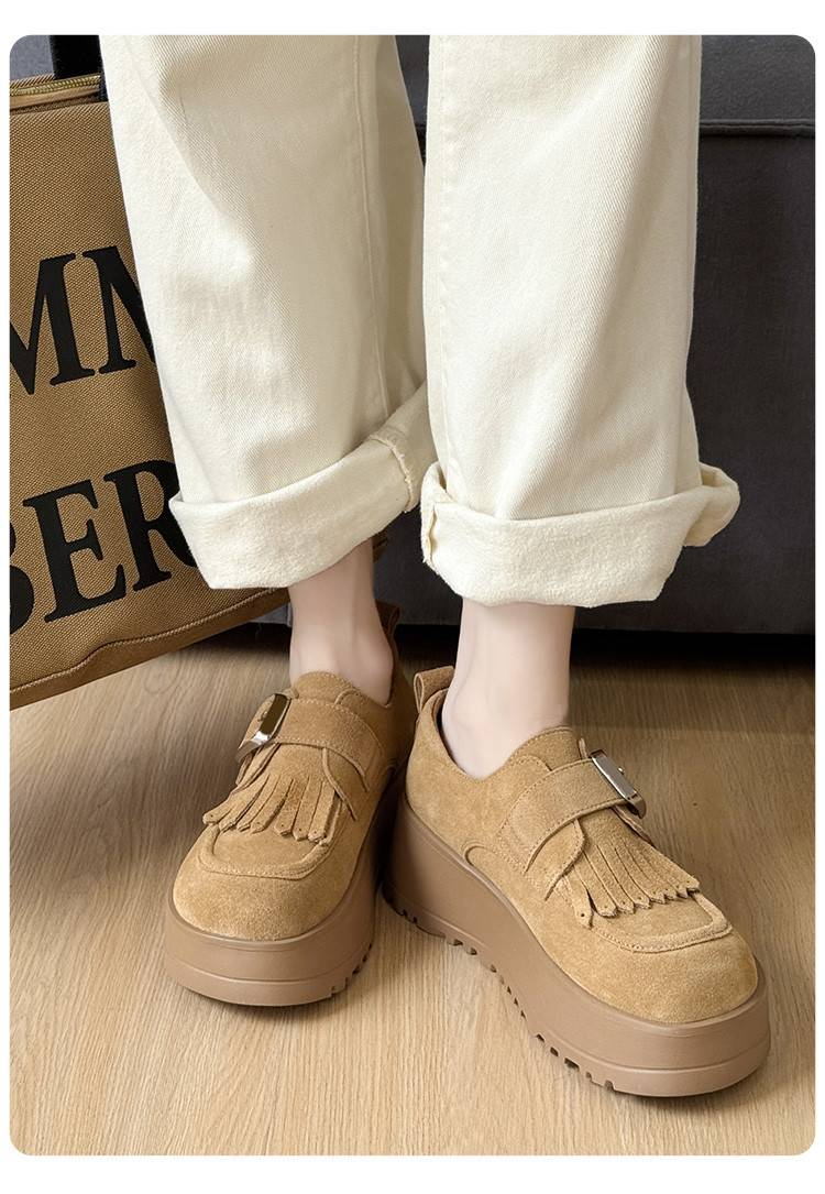 Cameido Women's Casual Shoes - Round Toe Suede Leather With Foam Sole, 6CM Heel, Camel Color_voghion.com