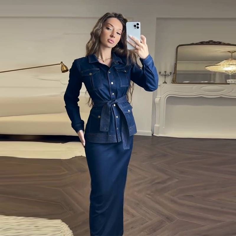 Abito elegante in denim con cintura e abbottonatura a maniche lunghe, da donna, colore blu, XS-XXXL, per ufficio e abbigliamento casual_voghion.com