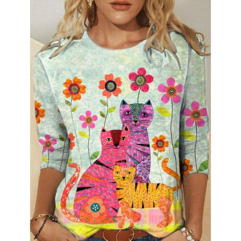 Y2K Art Cat Sweatshirts Fall Abstract Graphic Pullover Tops Long Sleeve Oil Painting Cat Printed T Shirts_voghion.com