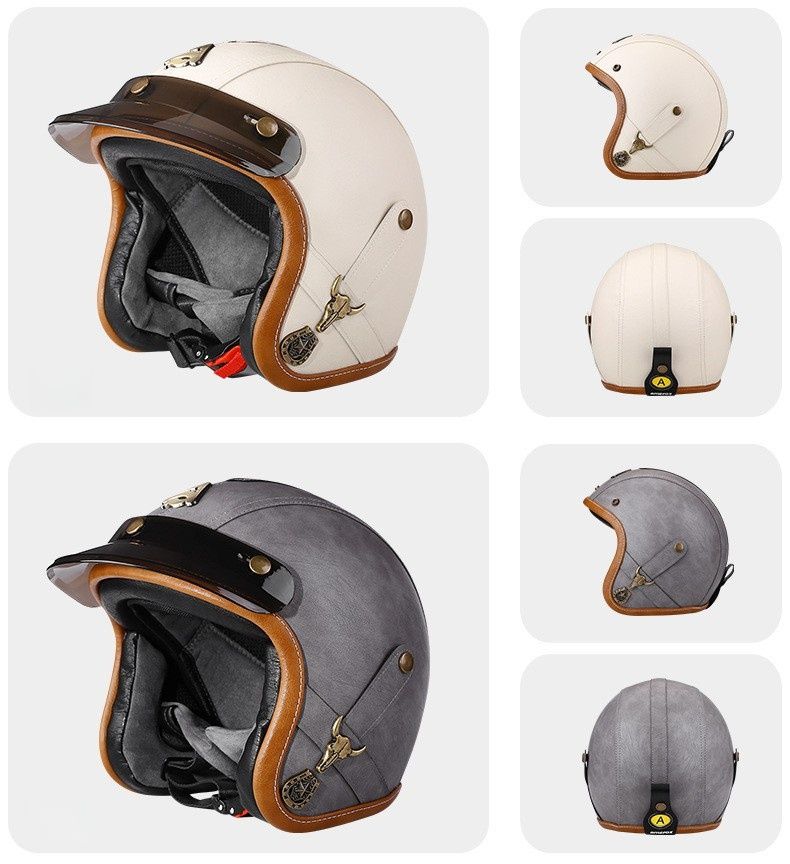 Certyfikowany kask motocyklowy 3C Retro 3/4 z Bluetooth – Prawdziwy skórzany kask z PU do skuterów i cruiserów – Styl vintage dla mężczyzn i kobiet_voghion.com