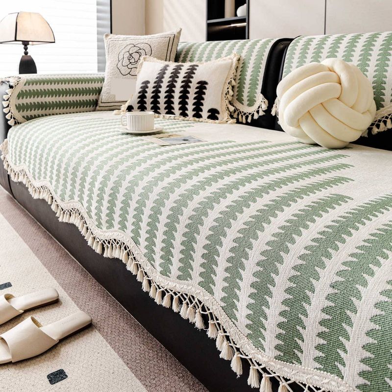 Chenille Sofa Cushion Cover With Tassels – Vintage Striped Design, Non-Slip & Custom Sizes (Bohemian Style, Universal Fit For Sectional Sofas)_voghion.com