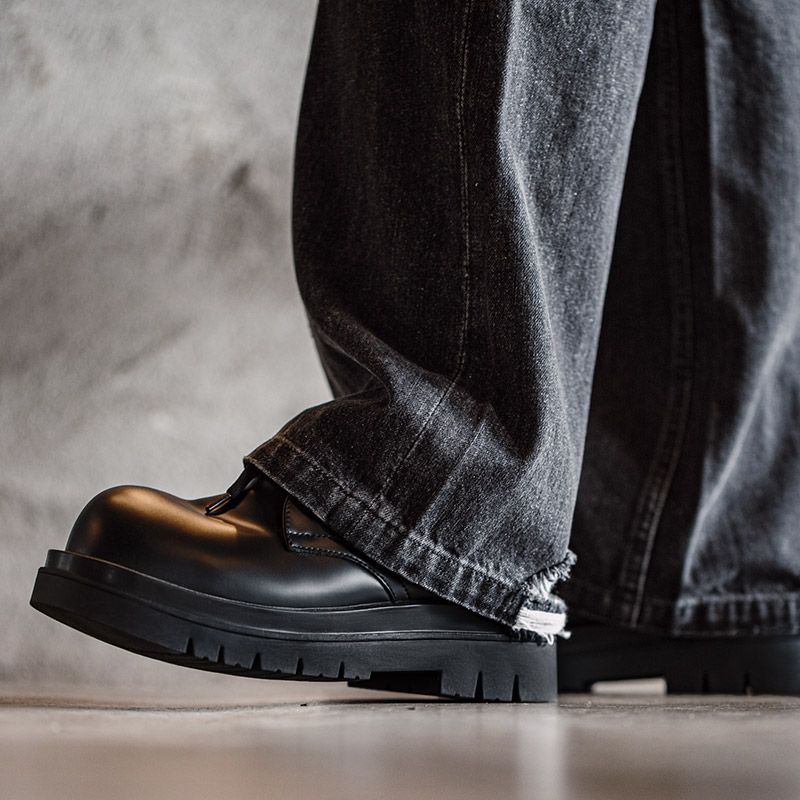 Suitable For All Seasons Genuine Derby For Men, Thick Sole, Height Increasing, Black Round British Style, Large Toe, Low Top Martin Boots,_voghion.com
