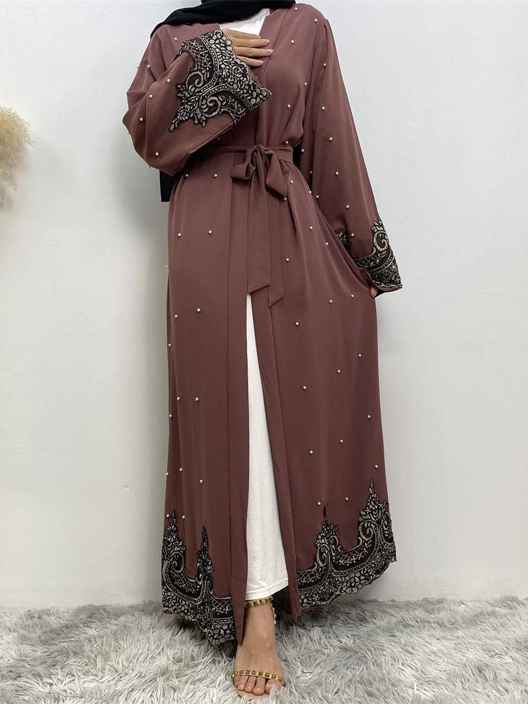 Heißer Verkauf Offene Abaya Frauen Kleidung Spitze Mit Perlen Design Muslimischen Mode Kimono Lange Kaftan Islamischen Dubai Kleider Für Frauen_voghion.com