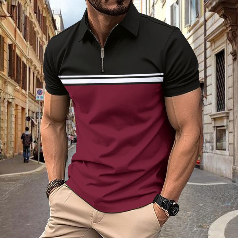 Polo estiva da uomo a maniche corte con cerniera alla moda a contrasto di colore_voghion.com