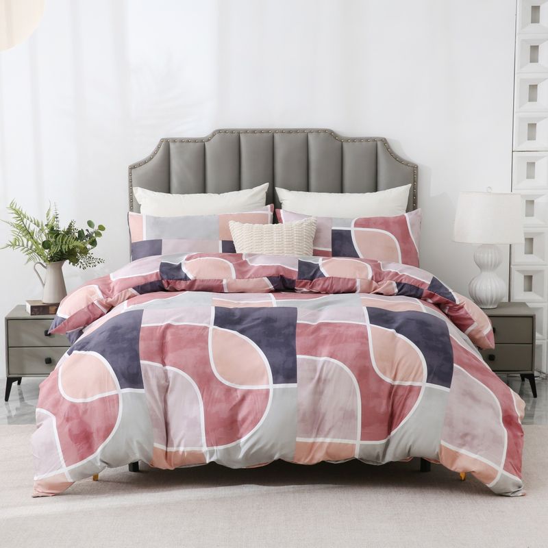 Miękki, różowy, geometryczny komplet pościeli w stylu boho, trzyczęściowy_voghion.com
