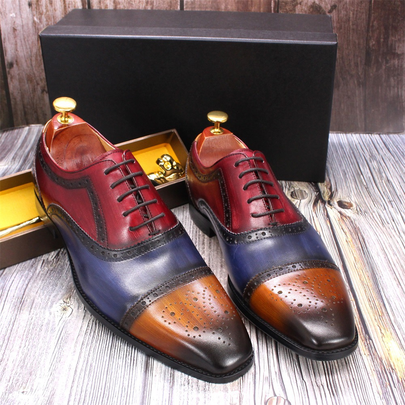 Unbeatable Quality Handmade Goodyear Tire And Rubber Company Men's Leather Leather British Block Carved Oxford Shoe Color Blocking_voghion.com