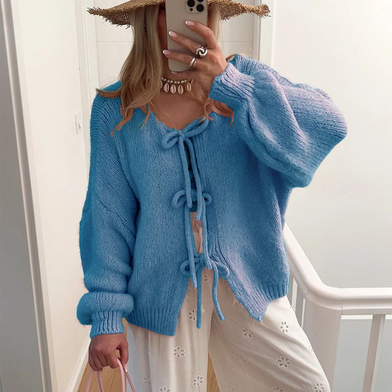 Women's Clothing Elegant V-Neck Tie-Front Knit Cardigan Soft Stylish Long Sleeve Open Front Sweater Lightweight & Versatile For Office & Casual Wear_voghion.com