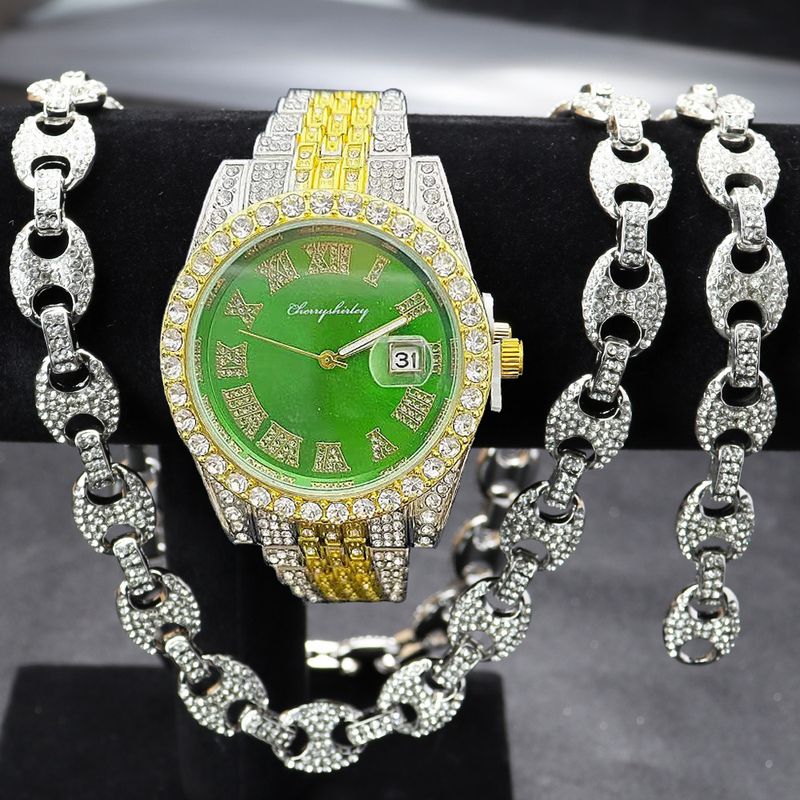 Full Diamond Hip Hop Watch Character Cuban Bracelet Necklace Set Roman Scale Calendar Quartz Watch_voghion.com