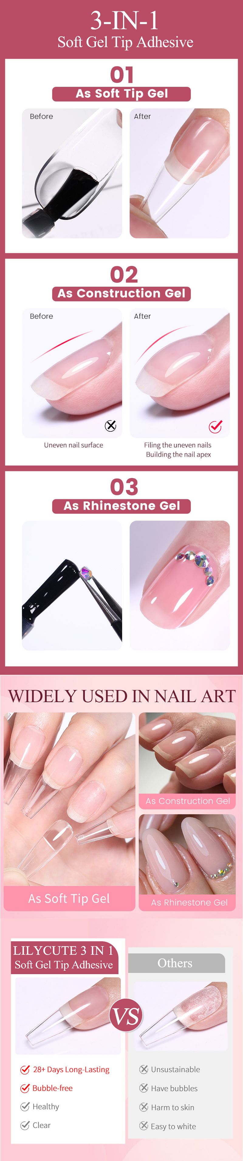 LILY'CUTE 3-in-1-Nagelgel – Starker Basislack + Strasskleber + Aufbaugel | Multifunktionaler Nagellack für die professionelle Maniküre_voghion.com