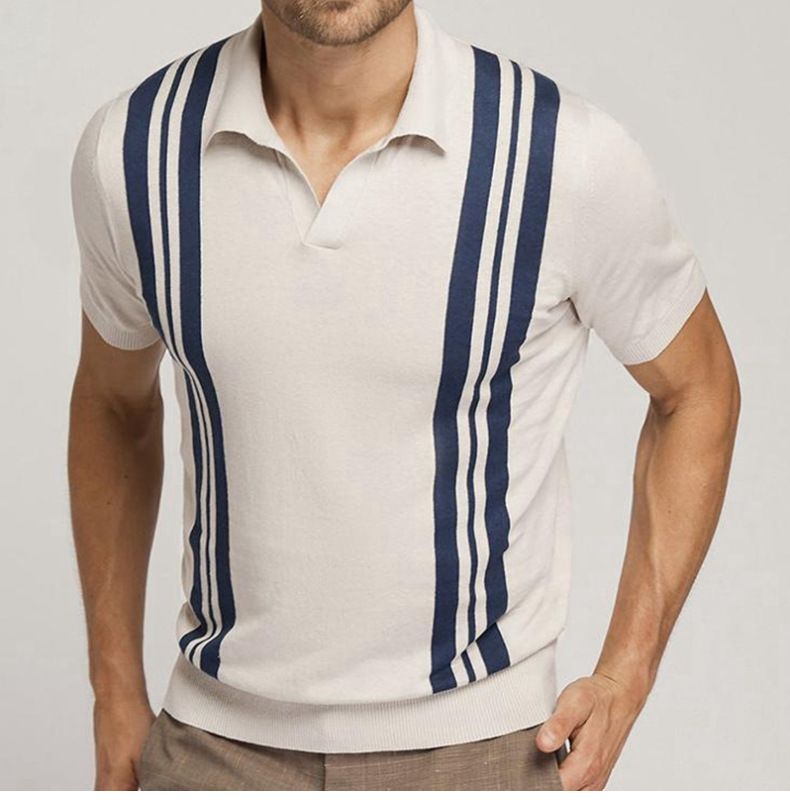 New men's summer striped short sleeved knit with slim fitting lapel casual polo shirt for men SY0095_voghion.com