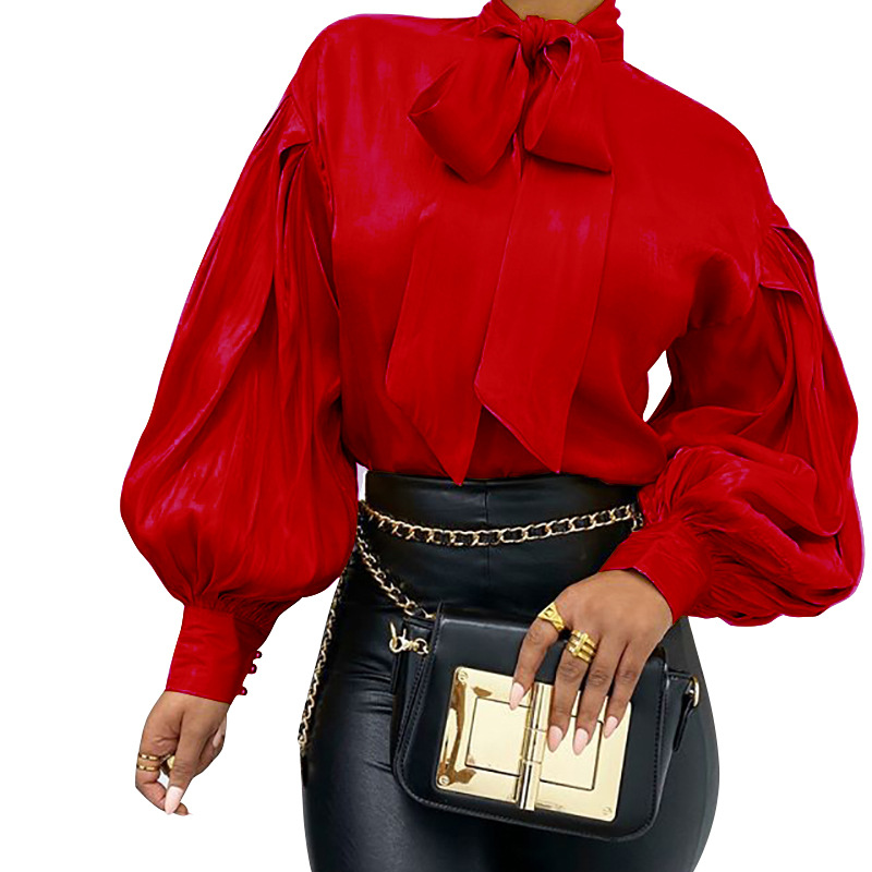 FC815 2025 Camicia casual da donna estiva in raso tinta unita con colletto annodato_voghion.com