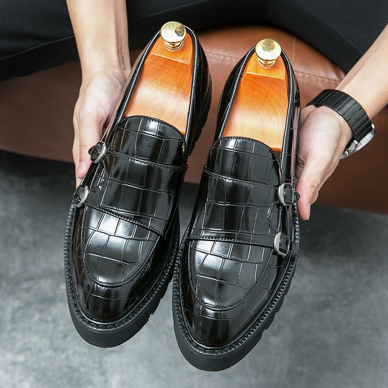 2023 New Large Size Double Needle Buckle Lefu For Men's Lacquer Leather, Bright Face, Heel, Thick Sole, High Height,_voghion.com