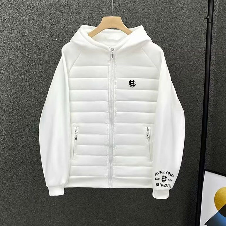 Men’s Streetwear Hooded Puffer Jacket – Parisian Letter Print, Slim-Fit Polyester Coat (S-3XL, White/Light Grey/Black)_voghion.com