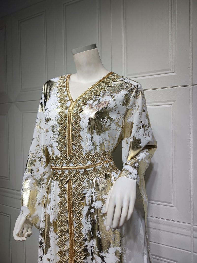 Damekjole forgyldt muslimsk chiffonkåbe med bæltekjole_voghion.com