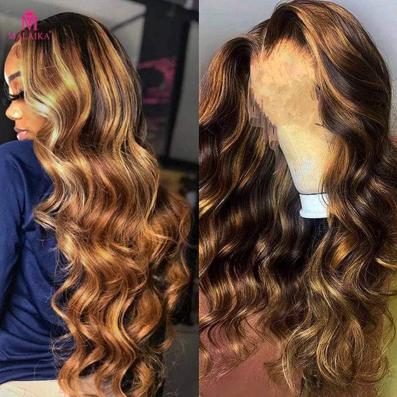 Destaque ombre peruca dianteira do laço cabelo humano 13x4 perucas dianteiras do laço cabelo humano mel loira destaque 180% densidade 4/27 onda do corpo peruca dianteira do laço cabelo humano_voghion.com