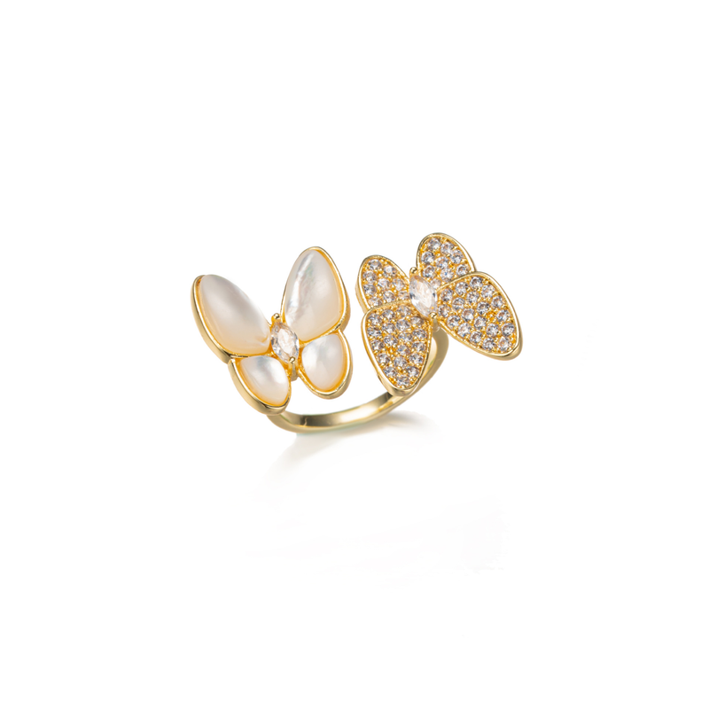 Designer shell temperament butterfly micro-inlaid ring Real gold nano-plated ring niche design sense red ring_voghion.com
