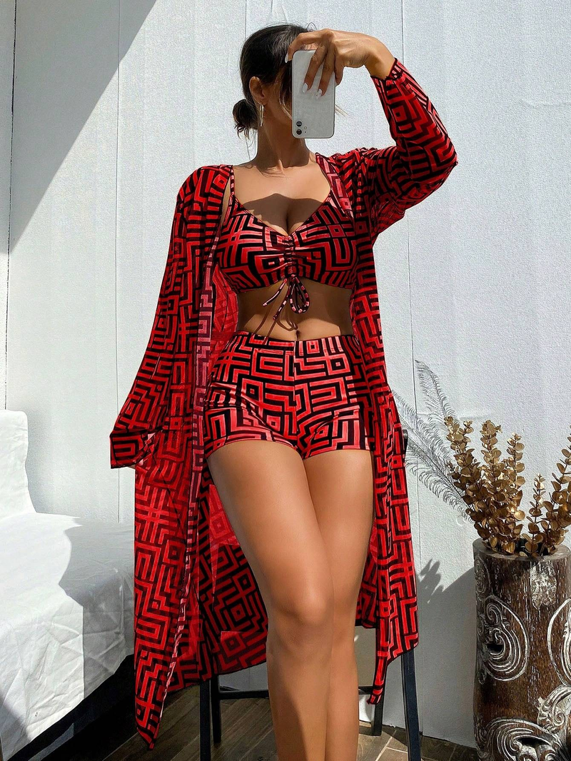 Women's Hot-selling Women's Split Swimsuit Blouse Three-piece Set Gathered Pleated Swimsuit High Waist Swimming Trunks_voghion.com