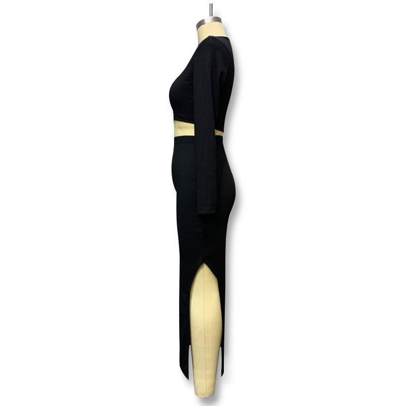 Vestito in maglia tinta unita autunno e inverno 2024 da donna europeo, set con gonna a maniche lunghe e maglietta, set due pezzi_voghion.com