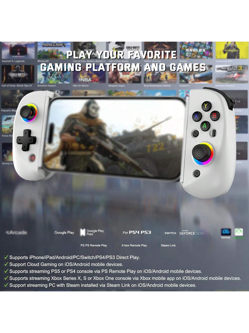 Byteuni Wireless Controller for iPad/iPhone/Android(129-252mm), Support Xbox Cloud/PS Remote Play with Hall Effects Joysticks for Switch/PS4_voghion.com