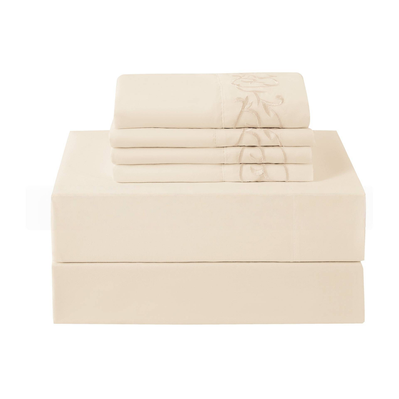 4/6-Piece Solid Color Embroidered Bedding Set - Elegant Scrollwork Design, All-Season Cotton Fabric_voghion.com