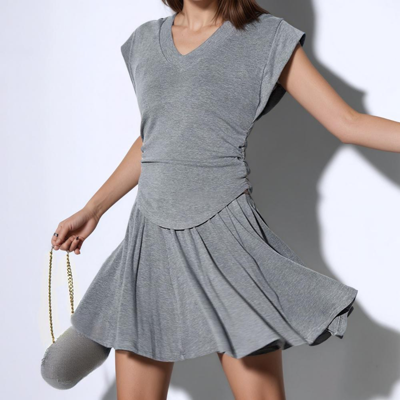 Vêtements pour femmes, couleur unie, col en V, t-shirt à manches courtes, jupe courte, ensemble deux pièces_voghion.com