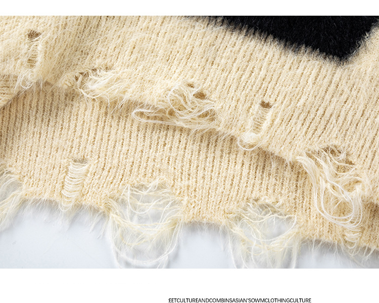 Pull en mohair déchiré avec motif chat mignon, marque tendance, style rétro, dessin animé, pour homme, style universitaire, pour couple, décontracté, tricoté_voghion.com