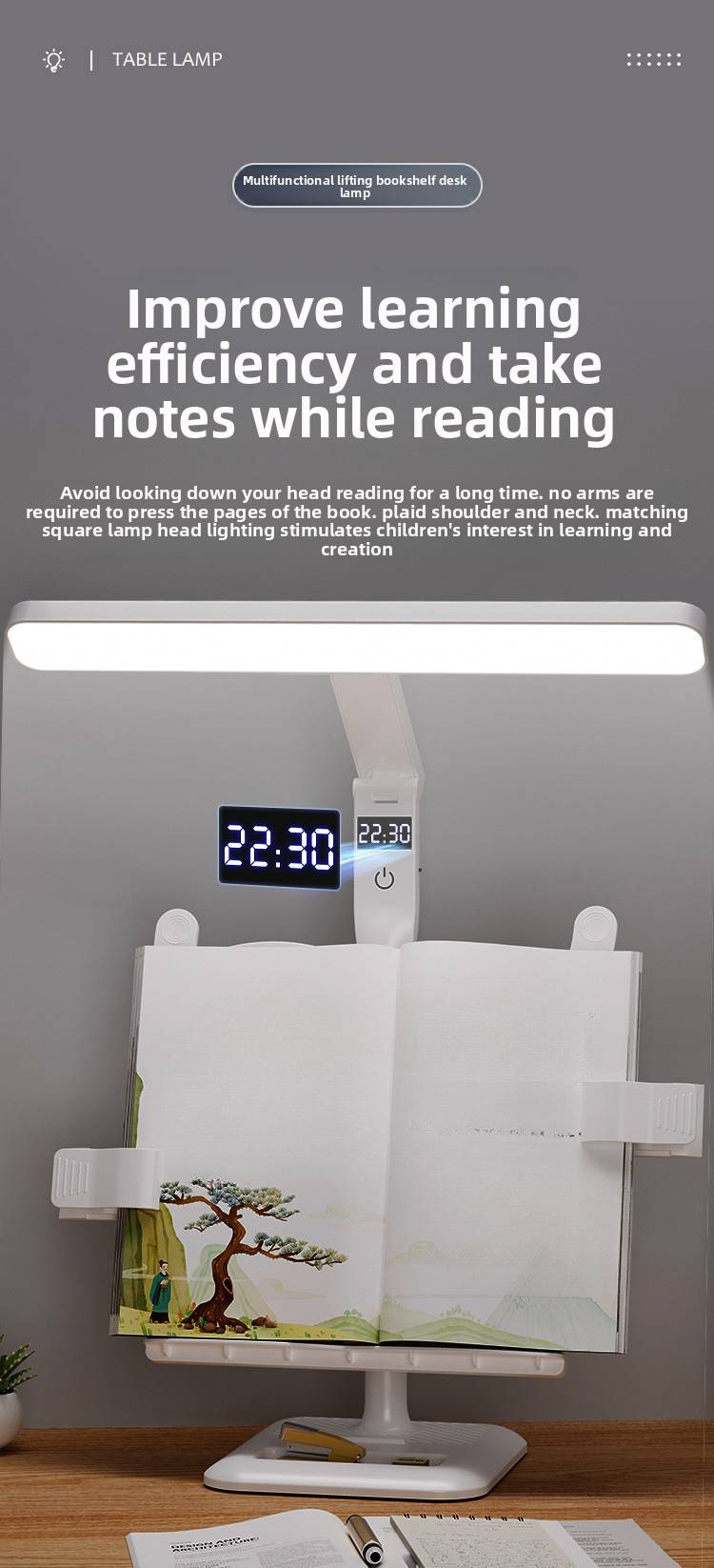 Wiederaufladbare LED-Schreibtischlampe mit Bücherständer und Touch-Steuerung, 80–89 CRI und AA-Grade-Beleuchtung, einstellbare Farbtemperatur, moderne Arbeitslampe_voghion.com