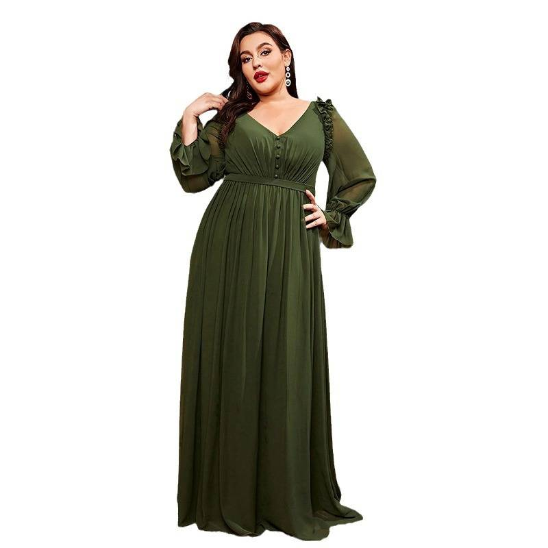 Elegante abito da sera verde a maniche lunghe per donna - Taglie forti, vestibilità slim, design unico, abito formale_voghion.com