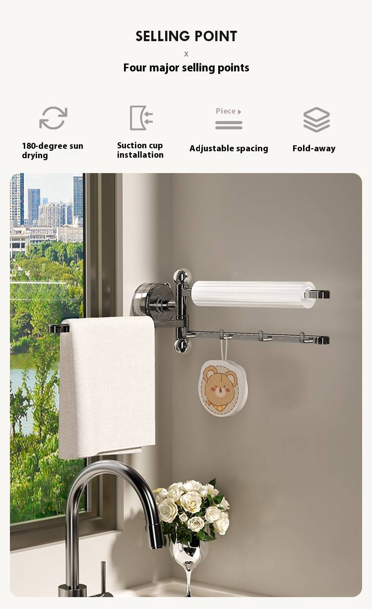 Multifunctioneel afdruiprek met zuignap – roterende handdoekhouder en droogrek voor keuken en badkamer (muurmontage, ruimtebesparend, multifunctionele opslag)_voghion.com